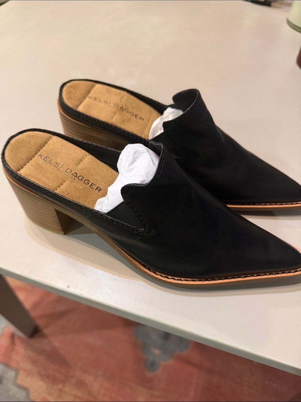 NEW Kelsi Dagger Black Leather Pointed Mule Heels with Tan Stacked Heel